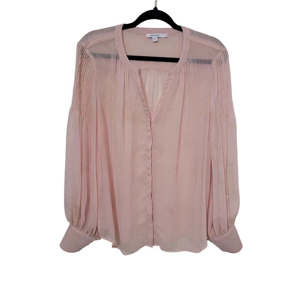 Chico's 16 Blouse Women Pink Gold Metallic Foil Starburst Balloon Sleeve‎ V-Neck